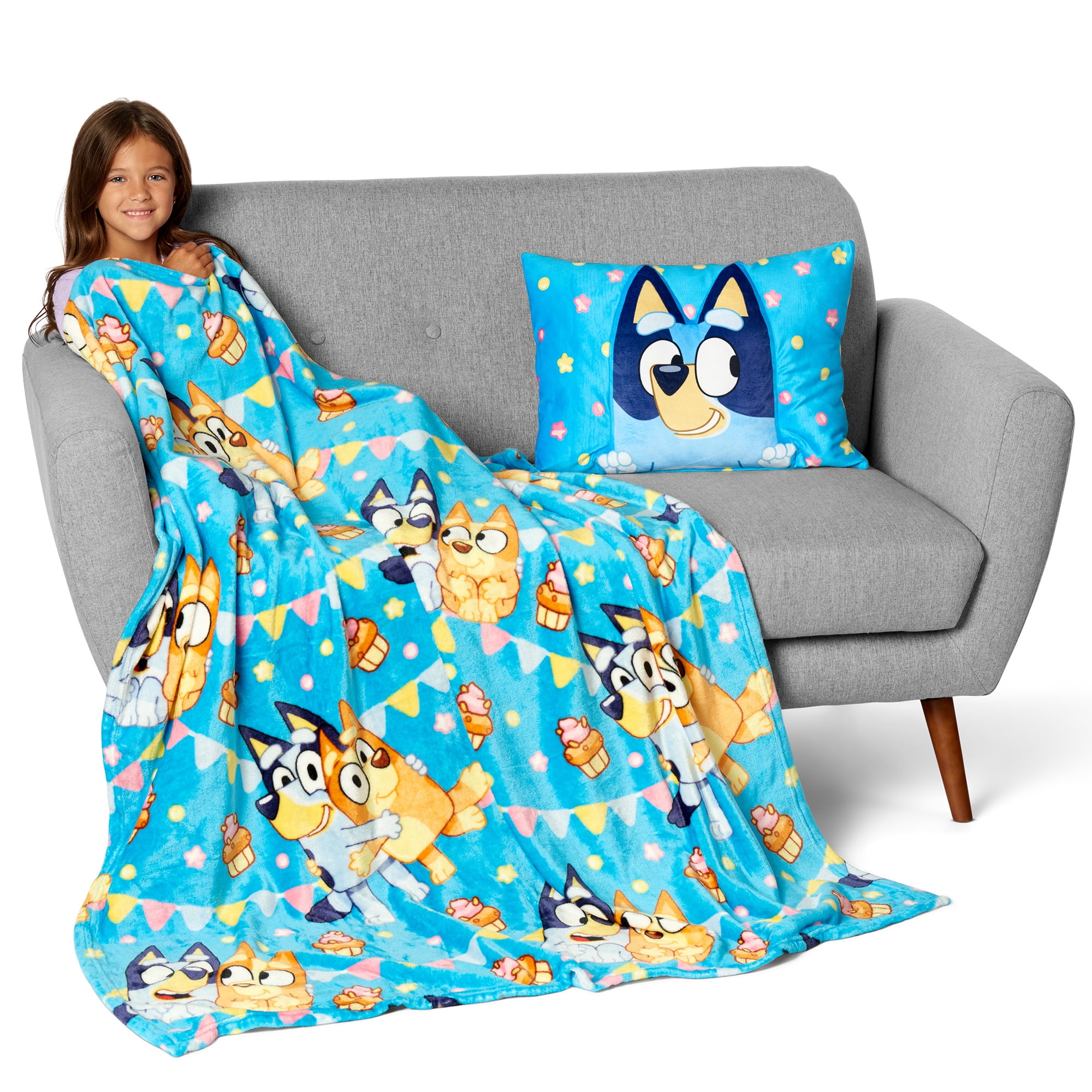 Bluey Party Pups Silk Touch Throw Blanket 50X60 inches with Plush Pocket Pillow 14X20 inches – Ultra Soft Plush Character Pillow for Kids