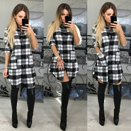 - women's V-neck long-sleeved tartan checks checkered plaid shirt dress with pockets casual loose irregular midi dress Asian size