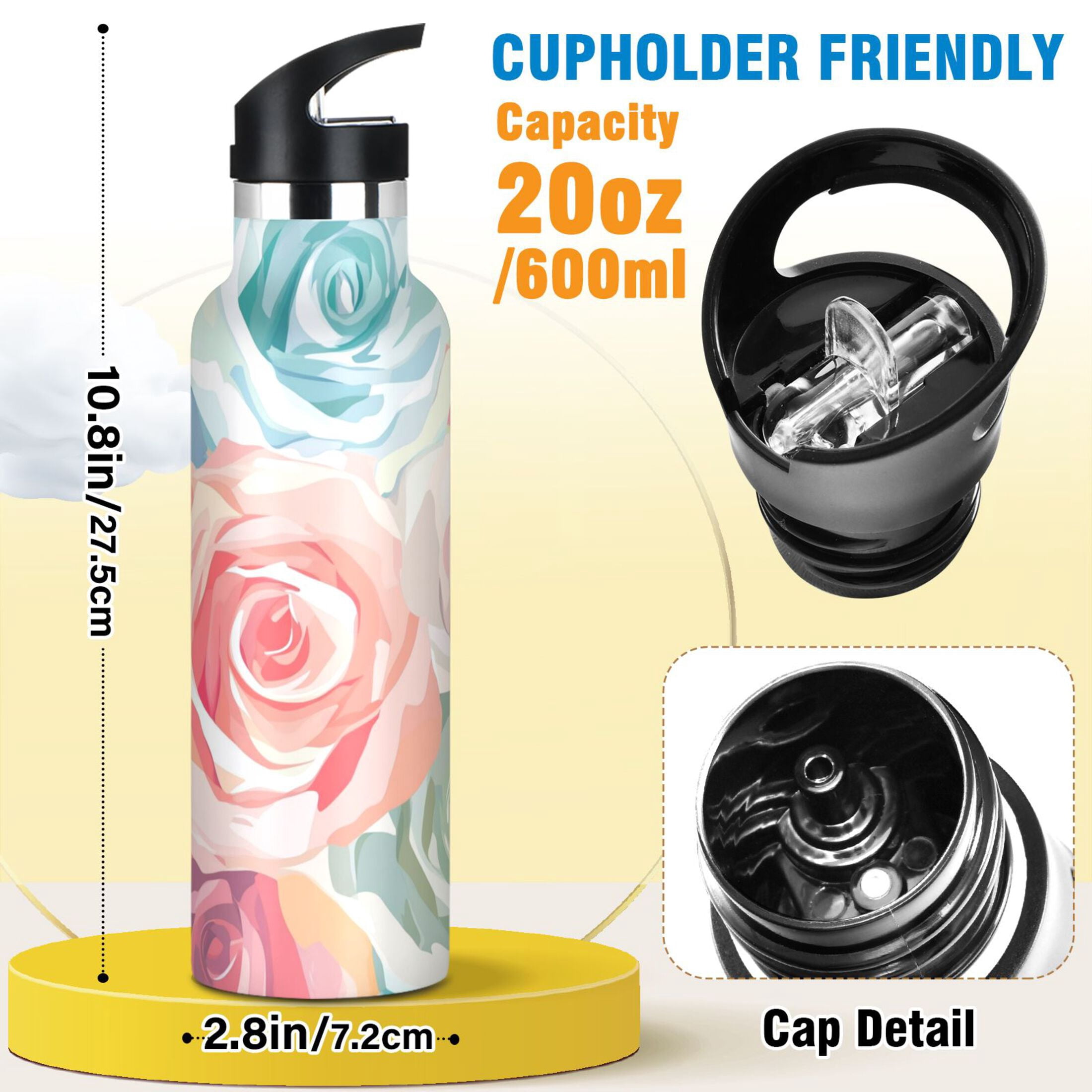Kids Insulated Stainless Steel Sports Water Bottle 600ml (20oz) Roses Pattern