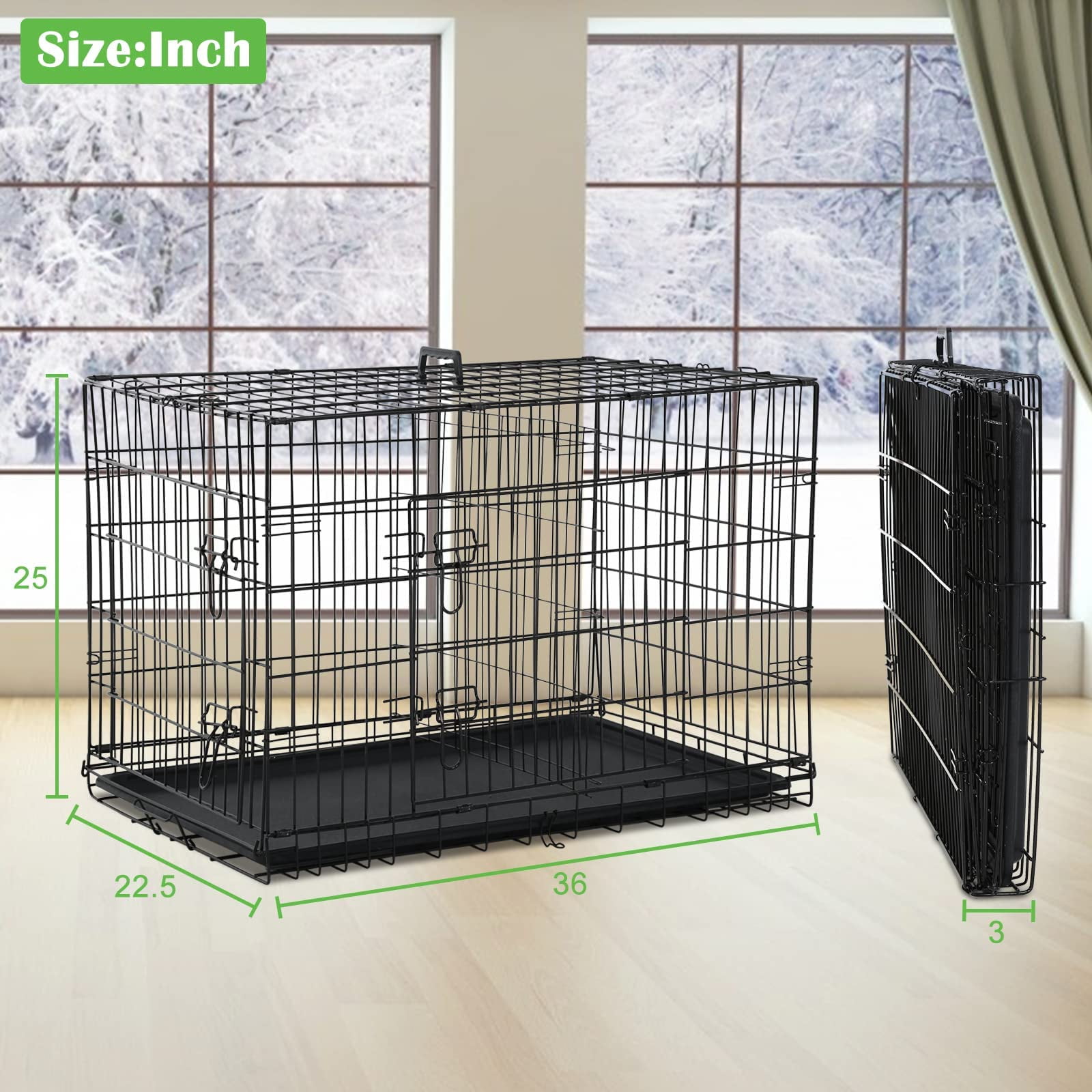 NiamVelo Dog Cage 36'' Metal Dog Crate , Folding  Dog Kennel with Plastic Tray & Handle, Pet Crate  for  Small  Medium Dogs, Black