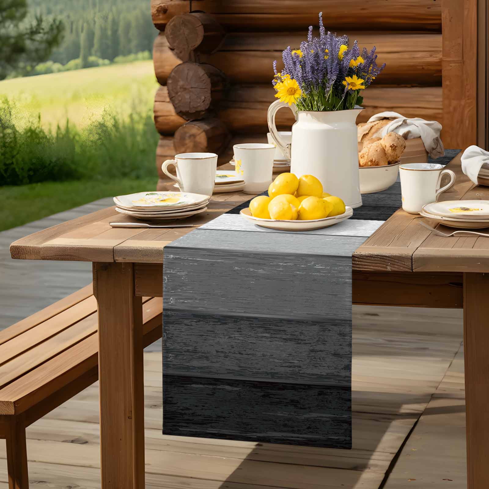 Farm Retro Wood Grain Black Gray Table Runner 90 Inches Long, Farmhouse Gradient Stripes Table Runners Tabletop Scarf Kitchen Dining Tables Decoration for Home Party Indoor Outdoor