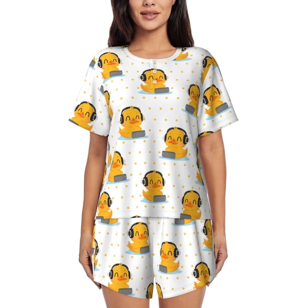 Balery Cute Duck With Headphone Conjunto de Pijama para Mujer con Estampado, Dos Piezas de Manga Corta y Shorts, Ropa de Dormir Suave con Cuello Redondo y Bolsillos-Large