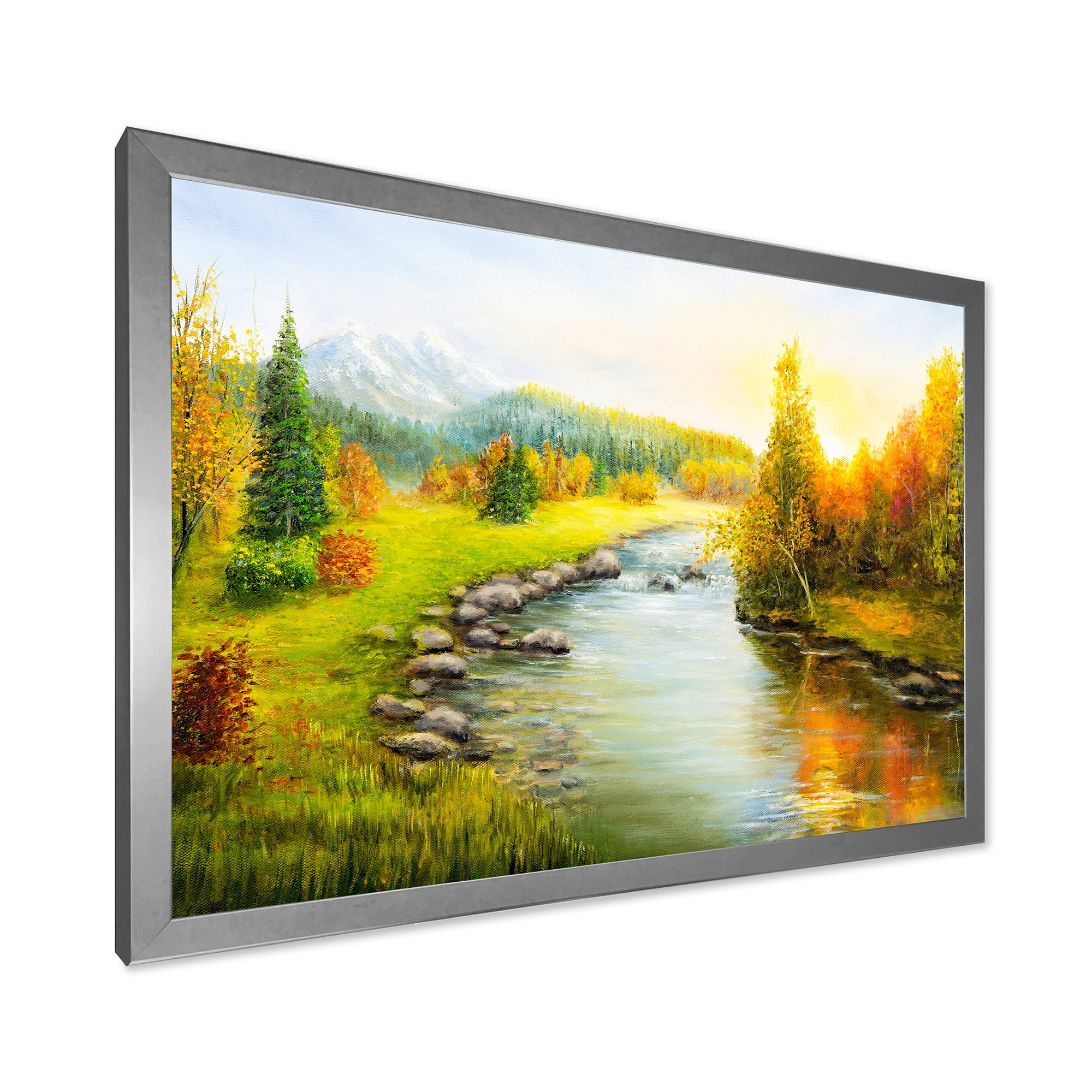Designart 'Autumn Landscape With Forest River and Mountains' Lake House Framed Art Print