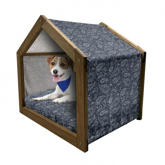 Paisley Pet House, Vintage Ornament Bohemian Motifs with Grunge Look Hand Drawn Style Pattern, Outdoor & Indoor Portable Dog Kennel with Pillow and Cover, 5 Sizes, Dark Blue and White, by Ambesonne