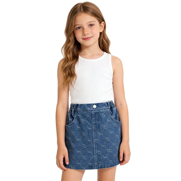 QTSHPN Jean Skirt Floral Pattern Casual Stretch Waistband Comfortable Daily Wear Summer Outfit Fashion for Girls Girls Skirts Blue 3-4 Years