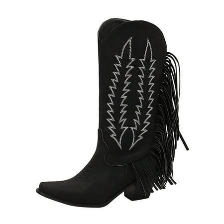 

GNEIKDEING Women s Embroidered Square Heel Solid Color Fringe Retro High Boots Shoes Gift on Clearance