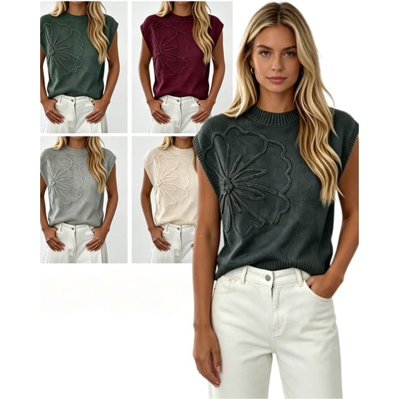 APEXFWDT Women's Floral Knit Sweater Top Flower Cap Sleeve Crew Neck Lightweight Casual Pullover for Spring Fall