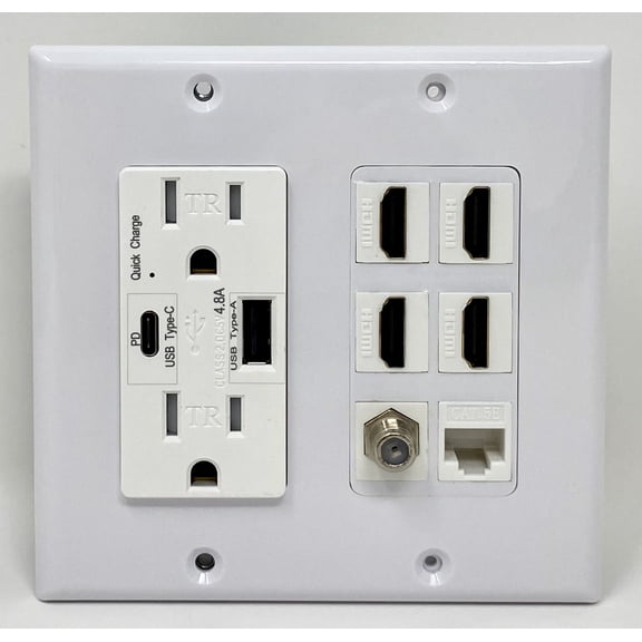 RiteAV USB Charger Outlet 15A/125V with USB Type-A/USB Type-C Charging Ports and 4 x HDMI 1 x Cat5e Ethernet 1 x Coax Cable Decorative White Wall Plate