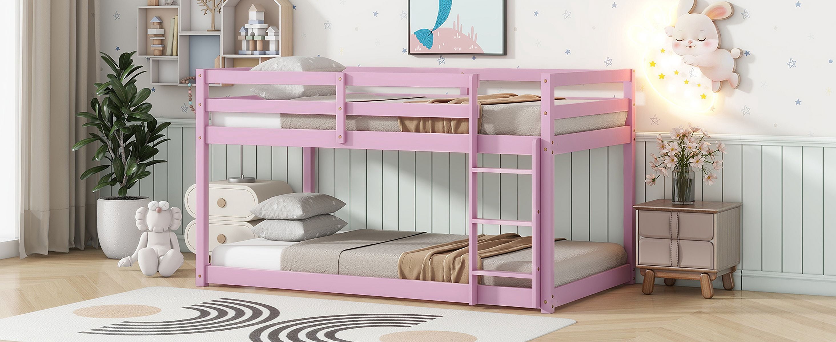 Solid Wooden, Solid Rubber Wooden Twin over Twin Floor Bunk Bed with Ladder, with Bed Platform of Strengthened Slats, Pink