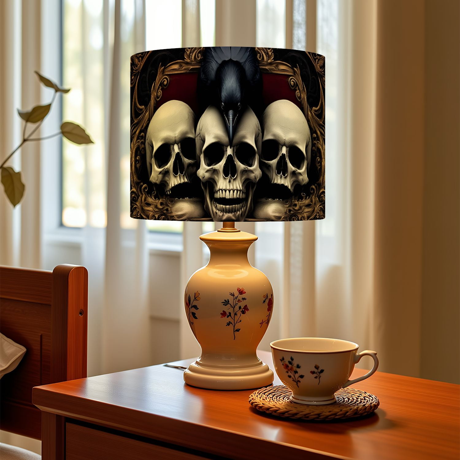 Linen Drum Lampshades Vintage Black Crow Skull Gothic Style Halloween Spooky Skulls Raven 13"x13"x10" Light Shade for Table Lamps Drum Lamp Shades Lampshade Replacement Assembly Required