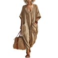 thumbnail image 2 of Womens Jumpsuit Casual 3/4 Sleeve V Neck Loose Long Pants with Pockets Summer Flowy Khaki XL, 2 of 4