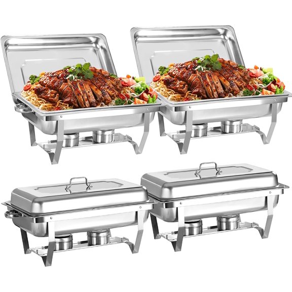8 Qt 4 Pack Full Size Stainless Steel Chafing Dishes Buffet Set, Silver Rectangular Catering Chafer Warmer Set with Trays Pan Lid Folding Frame Stand for Kitchen Party Banquet Dining