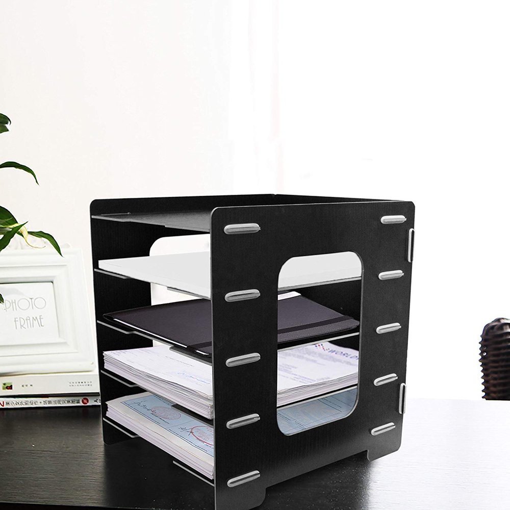 Black Paperstand Foldable Wooden 5 Tier, File Organizer. Heavy Duty
