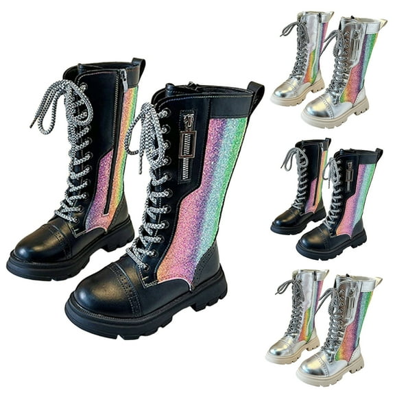 Dakaela Girls Knee High Boots Lace up Sparkly Combat Boots Side Zipper Glitter Riding Shoes for Toddler Little Big Kid Black 10.5