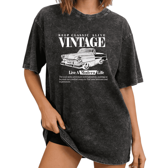 Cozymy Women's Vintage Car Graphic Vintage Washed T-Shirt Short Sleeve Crewneck Distressed Relaxed Fit Classic Retro Casual Tee S-2XL