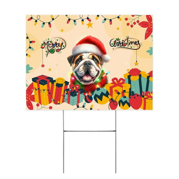 Merry Christmas Santa Bulldog Scarf Twinkling Lights Xmas Holiday Yard Sign Dog Lover Gifts Idea Outdoor Home Lawn Garden Porch Decor - 00022