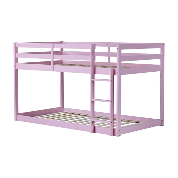 LiviNest Twin over Twin Floor Bunk Bed with Ladder, Solid Rubber Wood Frame in Pink, 26 Strengthened Slats, 200 lbs Capacity Each Bed