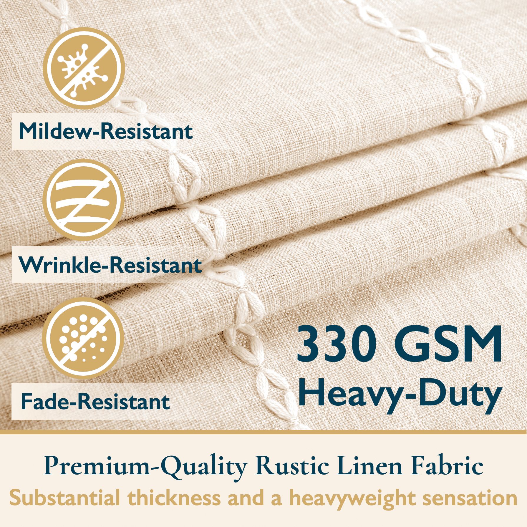 ComfiTime Tassel Shower Curtain Set with Hooks – 330 GSM Heavy-Duty Fabric Cloth, Boho Farmhouse Bathroom Curtain, Embroidered Hotel Luxury Linen, Water-Repellent, Machine-Washable, 72” x 72”, Beige