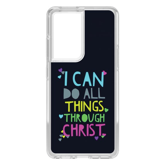 DistinctInk Clear Shockproof Hybrid Case for Galaxy S21 ULTRA 5G (6.8" Screen) - TPU Bumper, Acrylic Back, Tempered Glass Screen Protector - I Can Do All Things Through Christ - Love of Christ