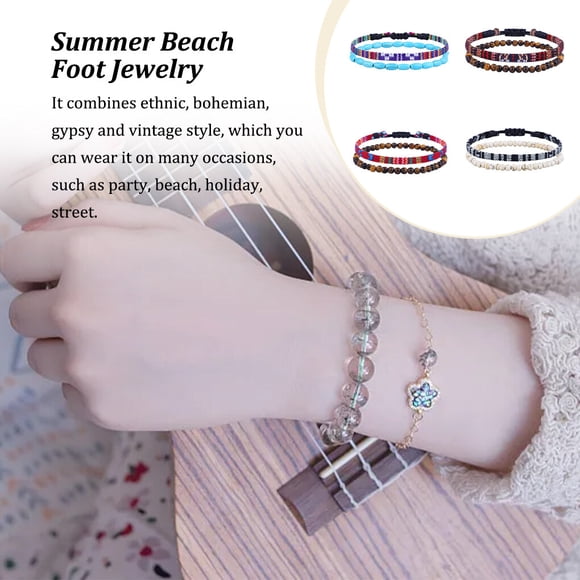 facefd 2 Pieces Braided Bohemian Bracelet Anklets Woven Set Cord Bangles Leg Chain Fabric Handcrafted Adjustable for Beach type 4