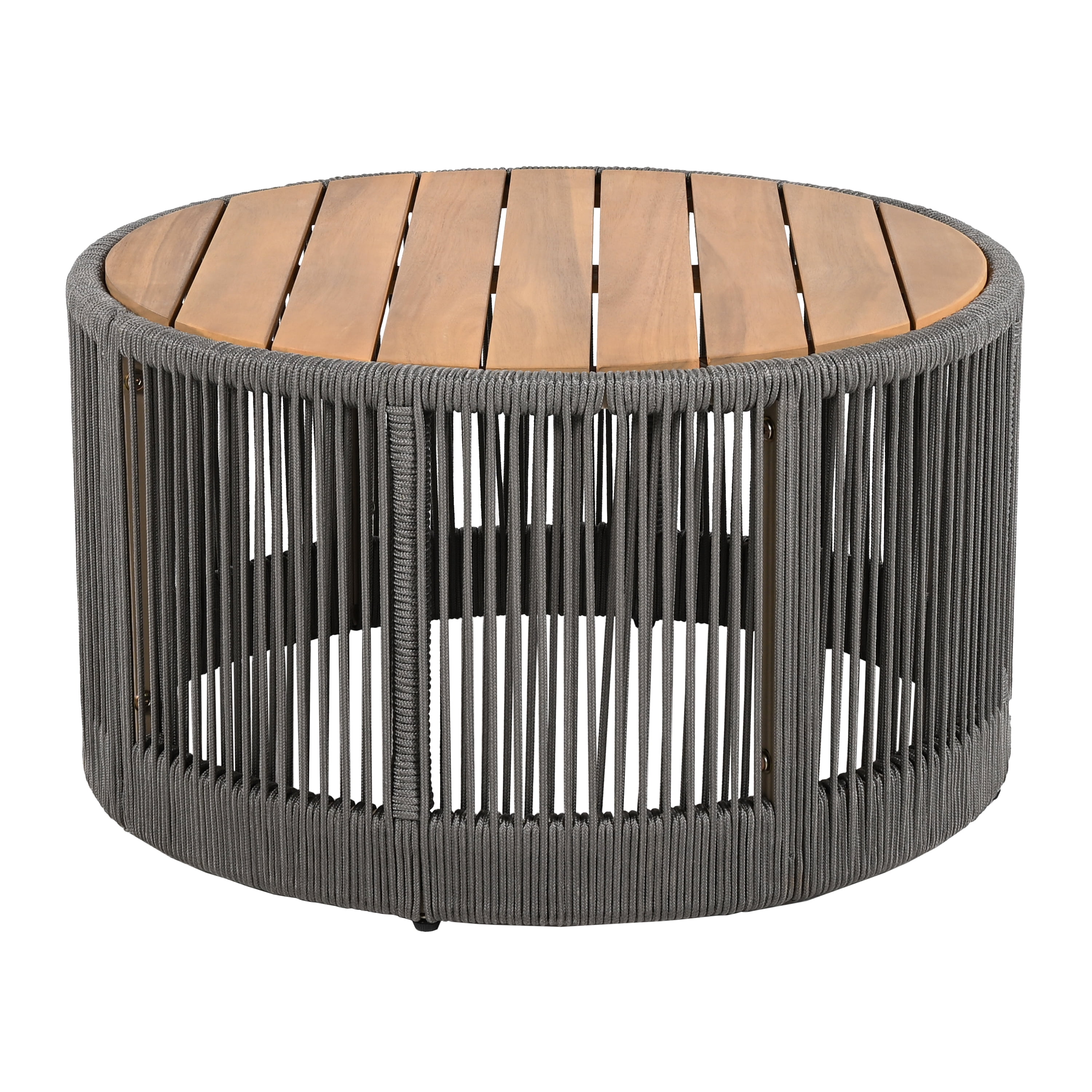 Euroco Outdoor Rattan rope & Acacia Wood Coffee Table - Patio Balcony Furniture for Garden, Yard, Balcony - Weather Resistant (Rope Grey, Natural Iron)