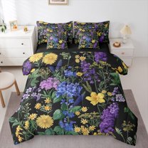 Manfei Colorful Floral 7 Pieces Bedding Comforter Set,Rustic Flower Full Bedding Set,Yellow Daisy Purple Lavender Fitted Sheet Flat Sheet For Girl,Microfiber Bedroom Decor Reversible