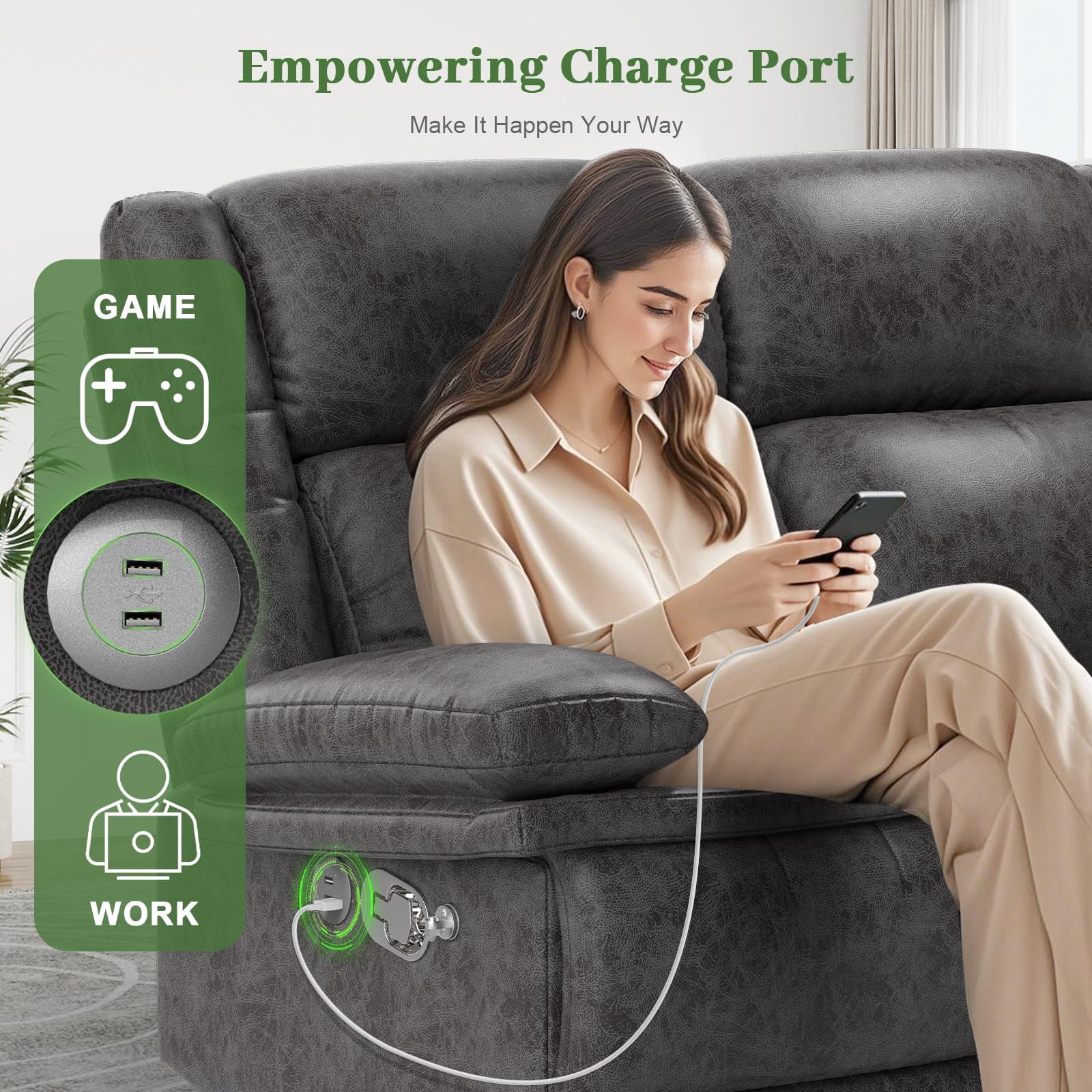 LOBERFVE Loveseat Recliner,  Double Reclining Sofa with Mobile Phone Holder and USB Port, 2 Seater Recliner Chair for Living Room, Home Theater, RV, Gray