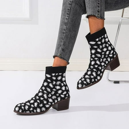 

HP95 Women s Chunky Heel Knitted Elastic Boots Children Leopard Print Shoes