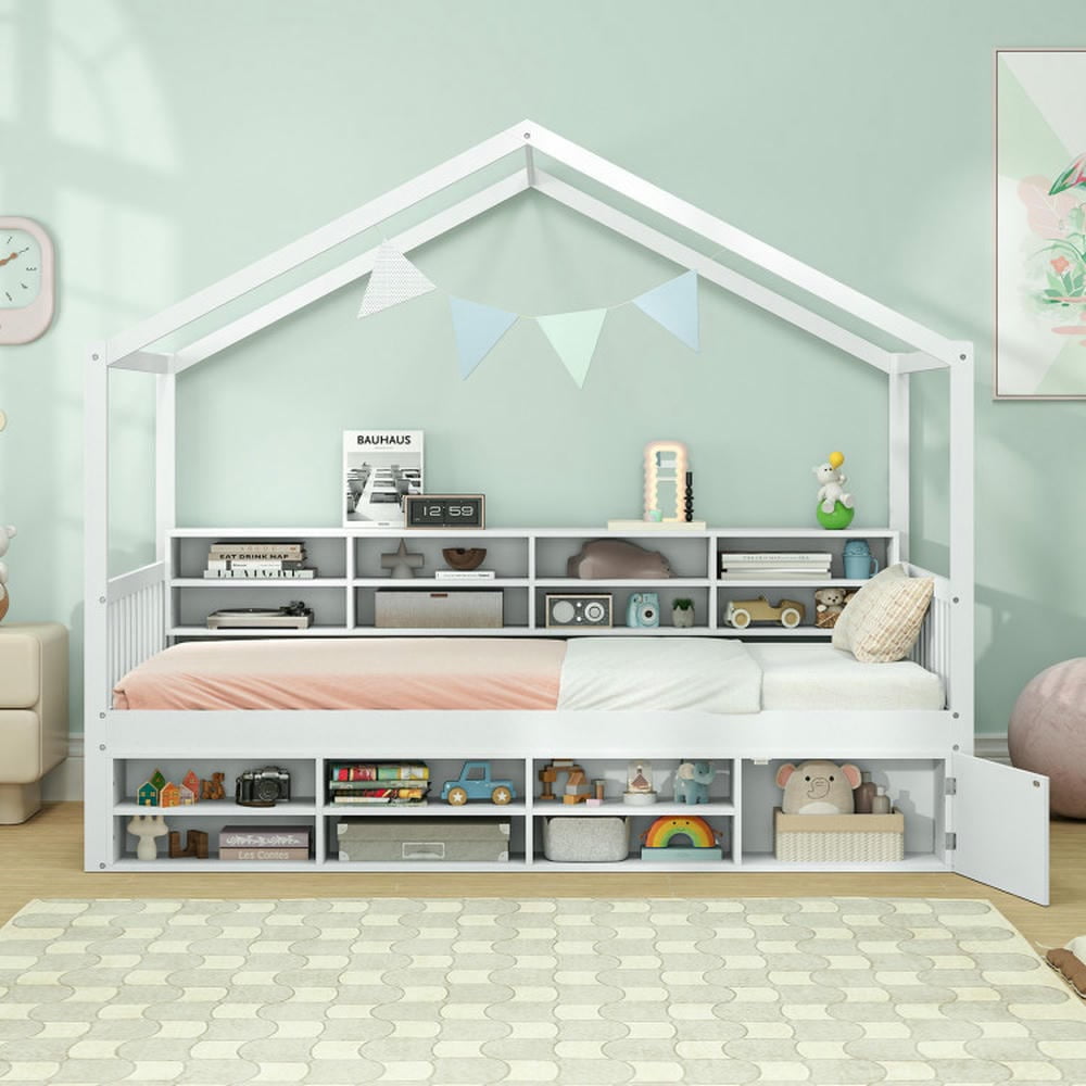 Kepooman Bed Frame, Bed Frame Mattress Foundation,Twin Size House Bed with Roof with 14 Storage Cubes and Enclosed Cabinet-White