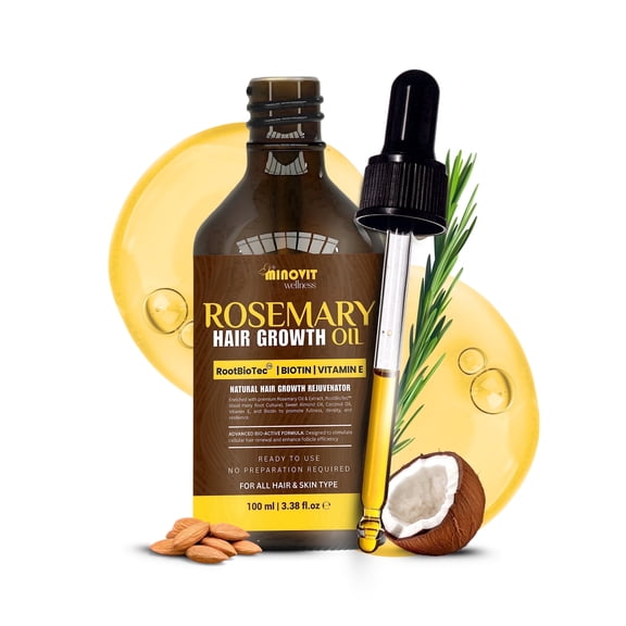100% Pure Rosemary Hair Growth Oil - 3.8 fl oz  |  Infused With Biotin, 2% Root BioTec, Vitamin E & Almond Oil - Hair Fall Control & Itchy Scalp Care, Hair Strengthening, Nourishing & Volumizing