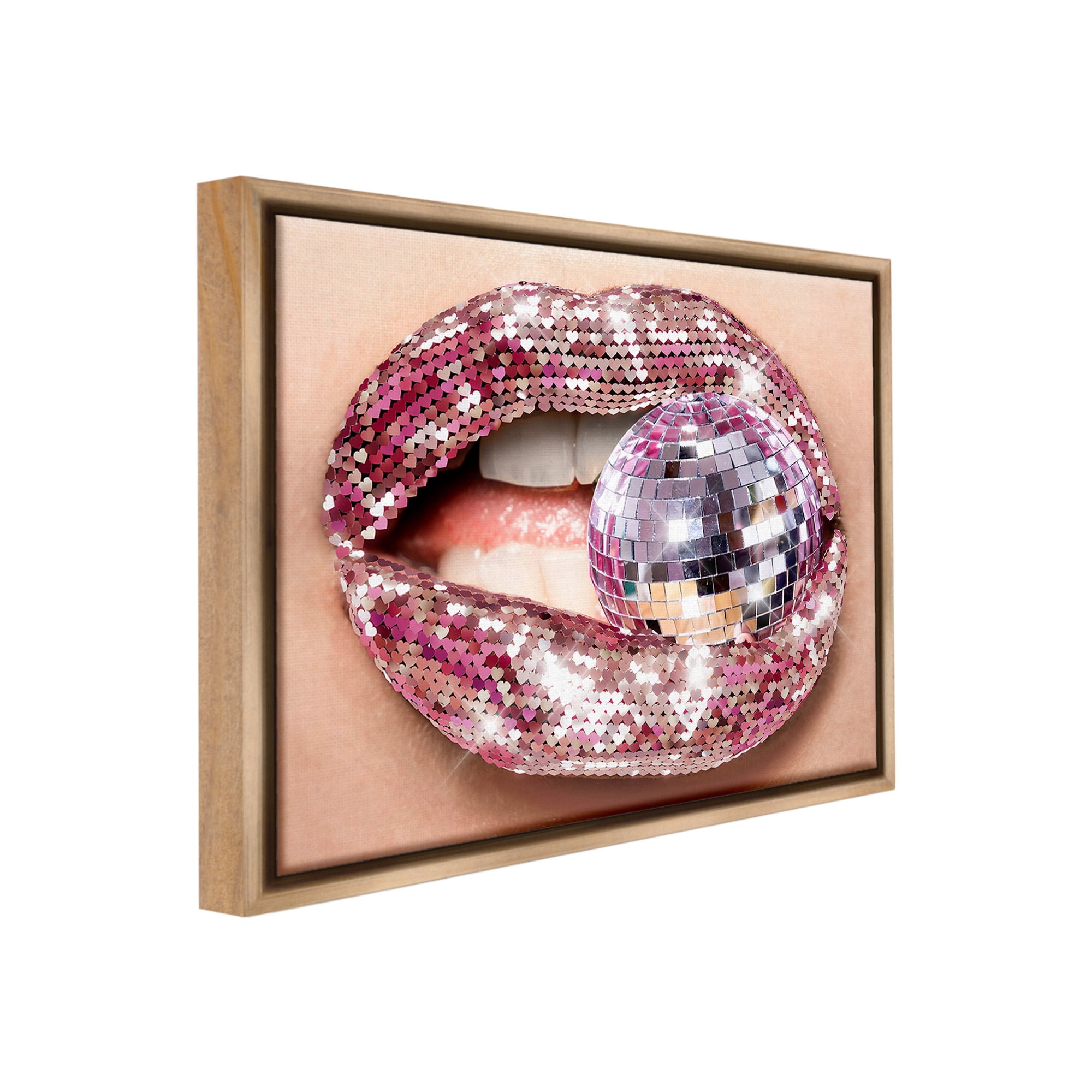 Stupell Industries Sparkle Lips & Disco Ball Novelty Painting Brown Floater Framed Canvas Art Print Wall Art, 21 x 17
