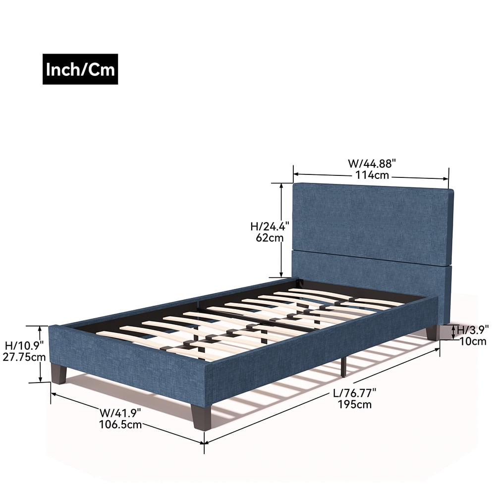 Kadyn Upholstered Linen Twin Platform Bed, Twin Size Bed with Tufted Square Stitched Fabric Headboard, Modern Bed Frame for Bedroom, Dark Blue