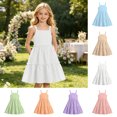 thumbnail image 6 of Kids Girl's Summer Sleeveless Loose Dress Square Neck White A-Line Dress With Pleated Decoration And Elastic Waistband Layered Ruffle Kawaii Mid Long Summer Dresses For 9-10 Years, 6 of 6
