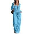 thumbnail image 2 of TEAJOPSUU Women's Fall Winter Cargo Jumpsuits Casual Long Sleeve V Neck Button Down Wide Leg Jumpsuits with Pockets Chest Flap Pockets Sky Blue, 2 of 8