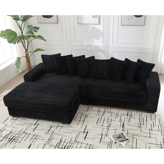 Oversized Two-Piece Couches, L Shaped Sofa, Corduroy, Left Chaise Daybed with Armrests, Eight Throw Pillows, Corner Sofa, Easy to Assemble (Black)