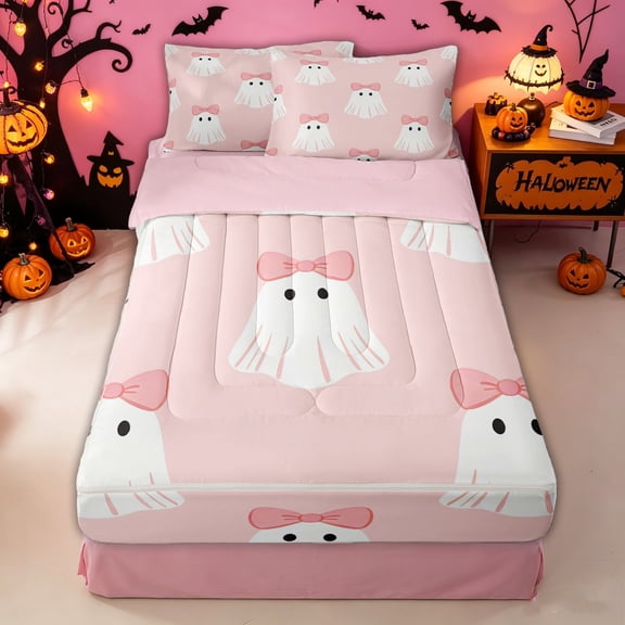 Homewish Cartoon Bow Ghost Zipper Twin Comforter Sets with Fitted Sheet and 2 Pillowcases for Girls, Halloween Skull Ribbon Zipper Bedding Set, Pink Reversible, 4-Piece