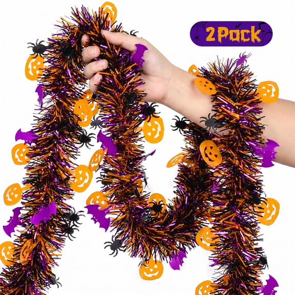 Halloween Garland Decorations, 50Ft Glitter Tinsel Pumpkin Bats Spider Garland Decor for Indoor Outdoor Holiday Home Burnt Orange Black Purple (Purple)