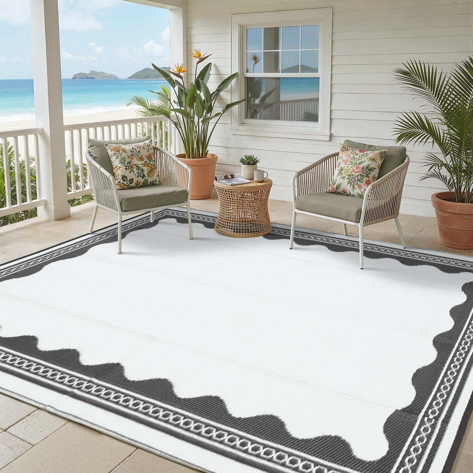 HIWEAVER Gray/White 9'x 12' Outdoor Rug Garden Decor Scolloped Bordered Carpet Plastic Straw Waterproof Reversible Patio Area Rug for Balcony Deck Picnic Portable Camping Mat