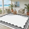 thumbnail image 2 of HIWEAVER Gray/White 9'x 12' Outdoor Rug Garden Decor Scolloped Bordered Carpet Plastic Straw Waterproof Reversible Patio Area Rug for Balcony Deck Picnic Portable Camping Mat, 2 of 8