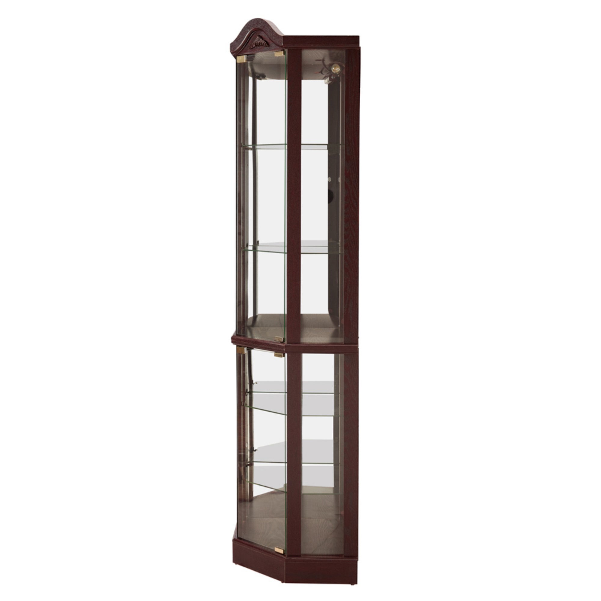 AENKYO Elegant Corner Curio Cabinet with Light Bulb & Adjustable Shelves, Glass Display Case for Collectibles, Cherry
