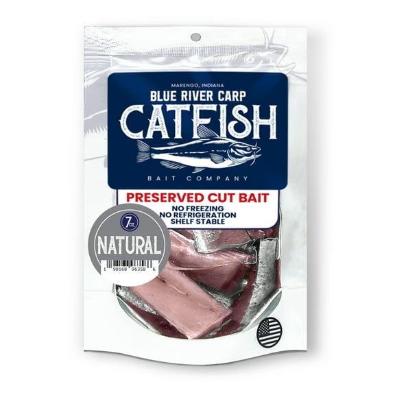 7oz package - Original/Plain Nuggets for Catfish Bait. Preserved Cut Bait by Blue River Carp. No Refrigeration or Freezing