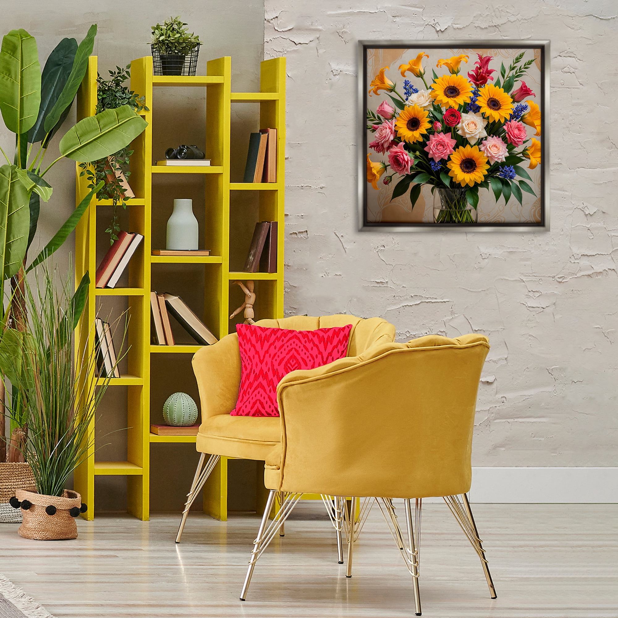 Stupell Industries Bold Sunflowers Mixed Bouquet Plants & Flowers Painting Gray Floater Framed Canvas Art Print Wall Art, 25 x 25