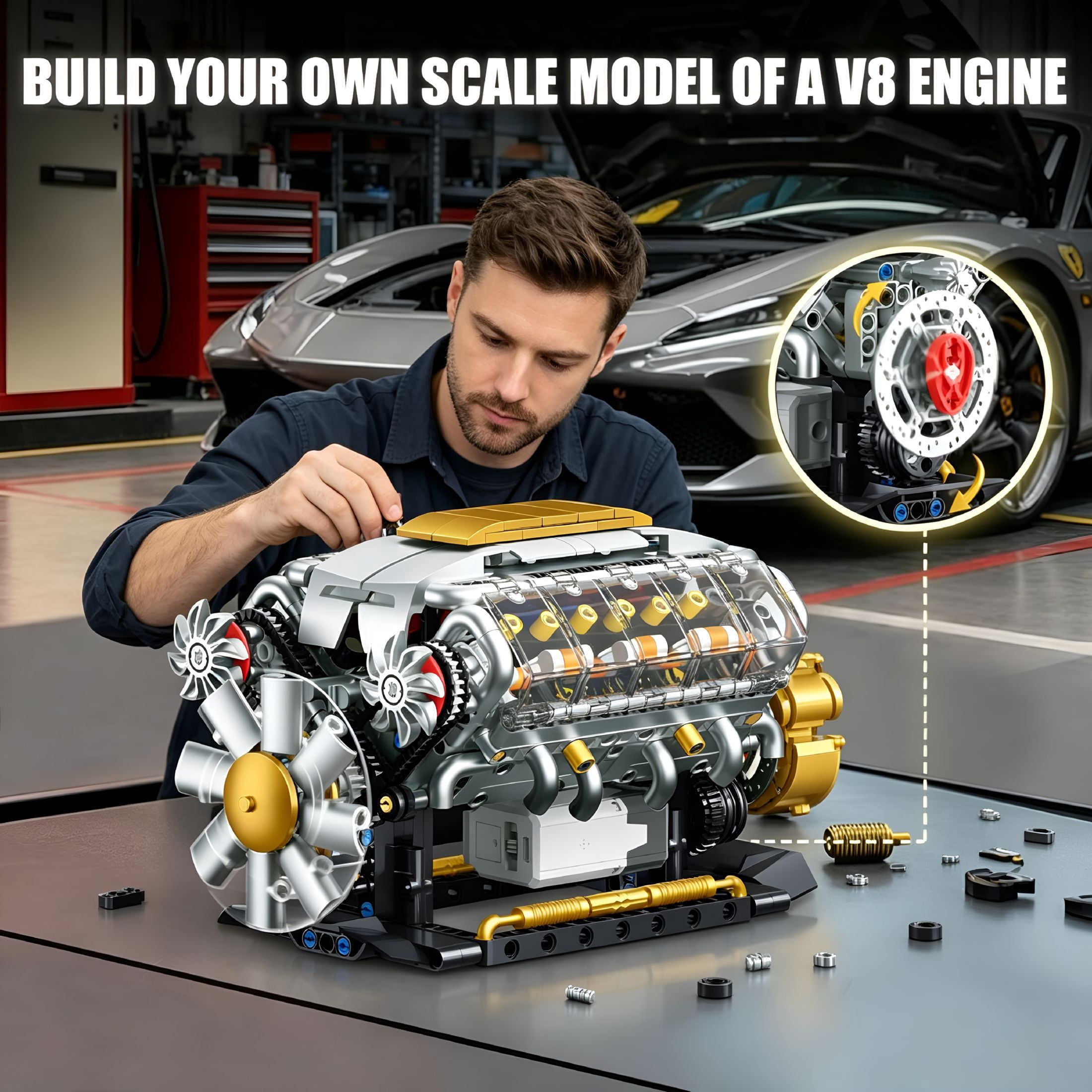 BESTSKY Engine Model Kit That Runs,Build Your Own Mini Visible Car Motor,Physical Science Experiment Building Set for Adults&Teens,Stem Toy Gift for Boys 14+(703 Pcs)