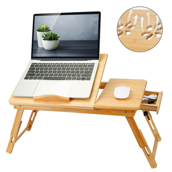 iMountek Bamboo Laptop Desk Breakfast Serving Bed Tray Foldable Leg Adjustable Tilt Surface Bed Lap Tray