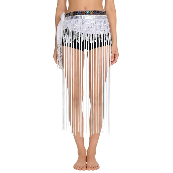 Haitryli Womens Belly Dance Skirt Fringed Hip Scarf Colorful Waistband Tiered Sequin Tassel Waist Chain White One Size