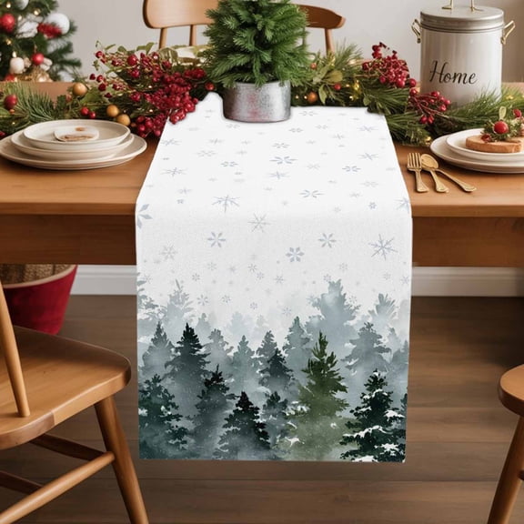 Christmas Tree Winter Snowflake Table Runner 14x72in Non-Slip Cotton Linen Table Runners, Green Pine Forest Watercolor Dresser Scarves TableRunner for Dinner Kitchen Dining Wedding Party