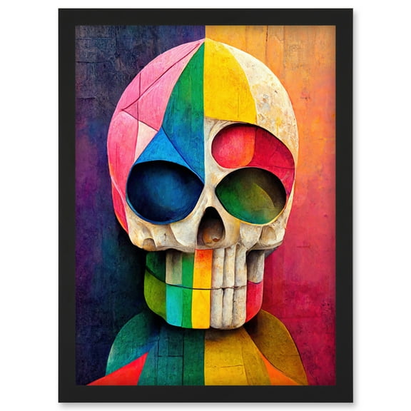 Rainbow Colourful Geometric Skull Abstract Artwork Framed Wall Art Print A4
