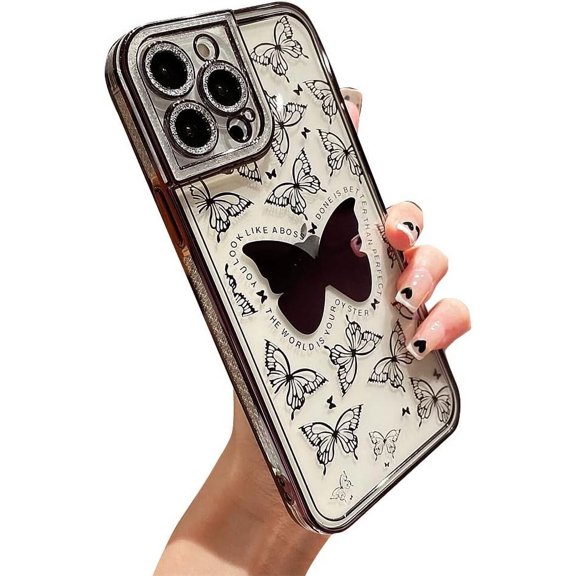 Compatible with iPhone Case,Glitter Diamond Camera Lens Protection Bling Sparkle Butterfly Clear Soft Shockproof Cover Phone Case (Black,iPhone 12 Pro)