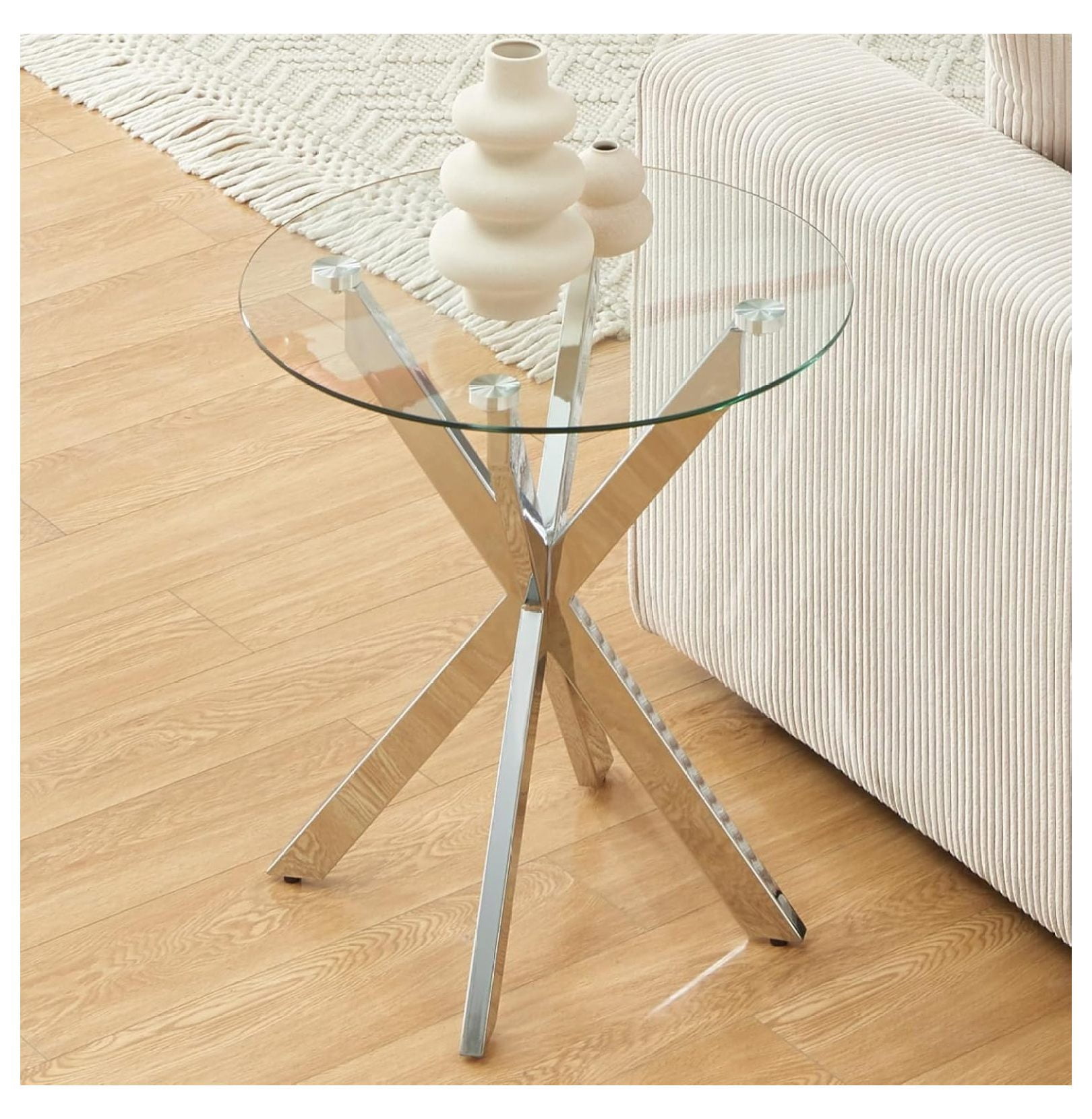 Modern Glass End Table, Small Round Side Table for Couch, Sofa Table with Clear Tempered Glass Top for Living Room, Bedroom, Bedside, 19.7" Wx21.7 H Silver
