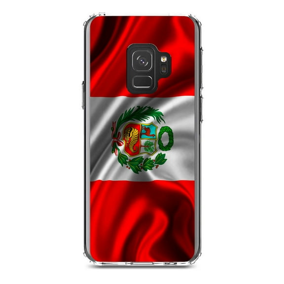 DistinctInk Clear Shockproof Hybrid Case for Samsung Galaxy S9 (5.8" Screen) - TPU Bumper, Acrylic Back, Tempered Glass Screen Protector - Peru Waving Flag - Peru